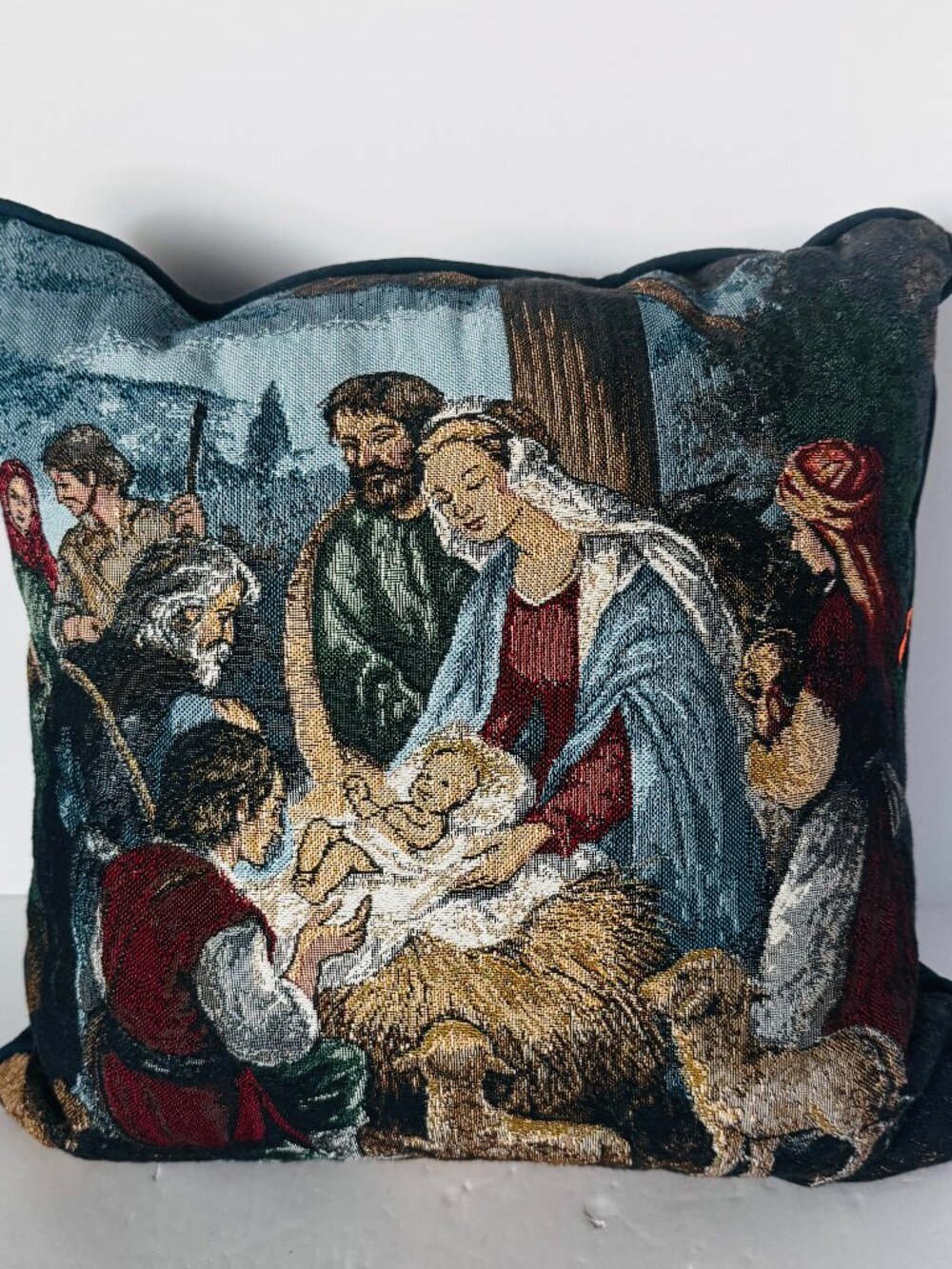 Sue Allison Nativity Scene Christmas Tapestry Throw Pillow 16x16" Holiday Decor